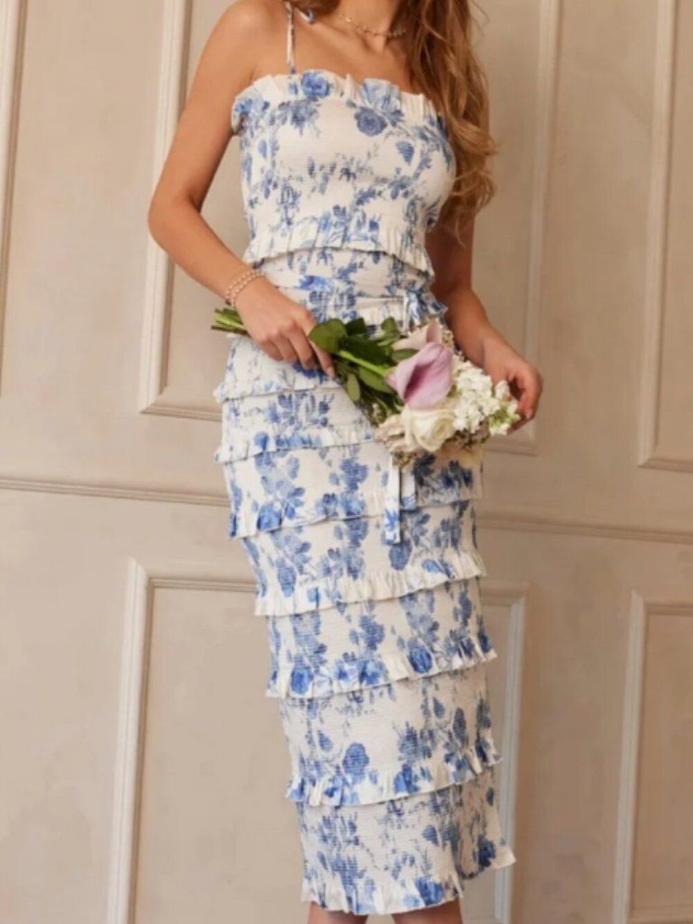 V. Chapman Blue and White Spaghetti Strap Wedding guest, party Dress Size 14
